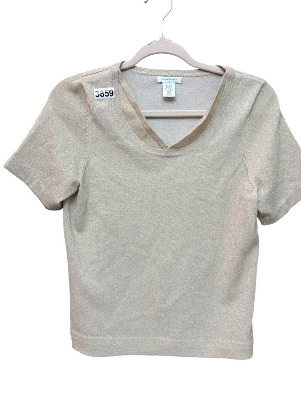 Laura Ashley Metallic Blend Cropped T-Shirt Top Shimmer Knit Women Cream Small
